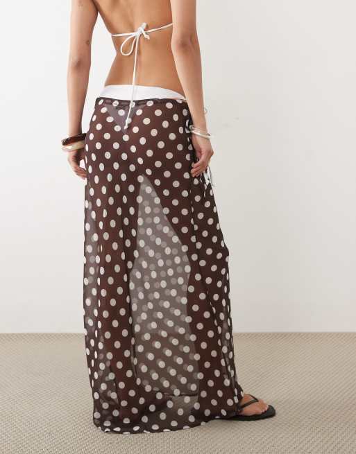 Miss Selfridge beach chiffon bias cut maxi skirt in chocolate polka dot, 5 of 5