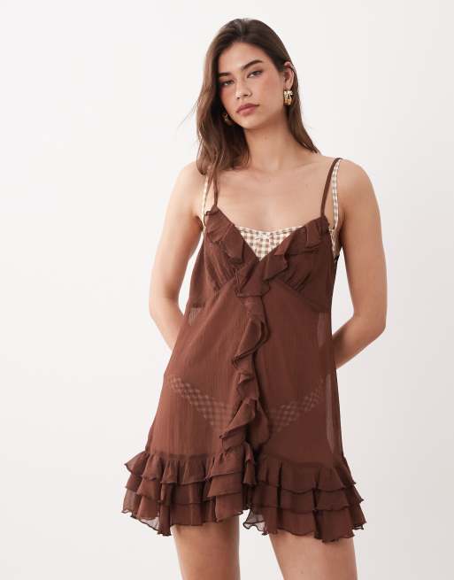 Miss Selfridge beach chiffon frill mini dress in chocolate, 2 of 4