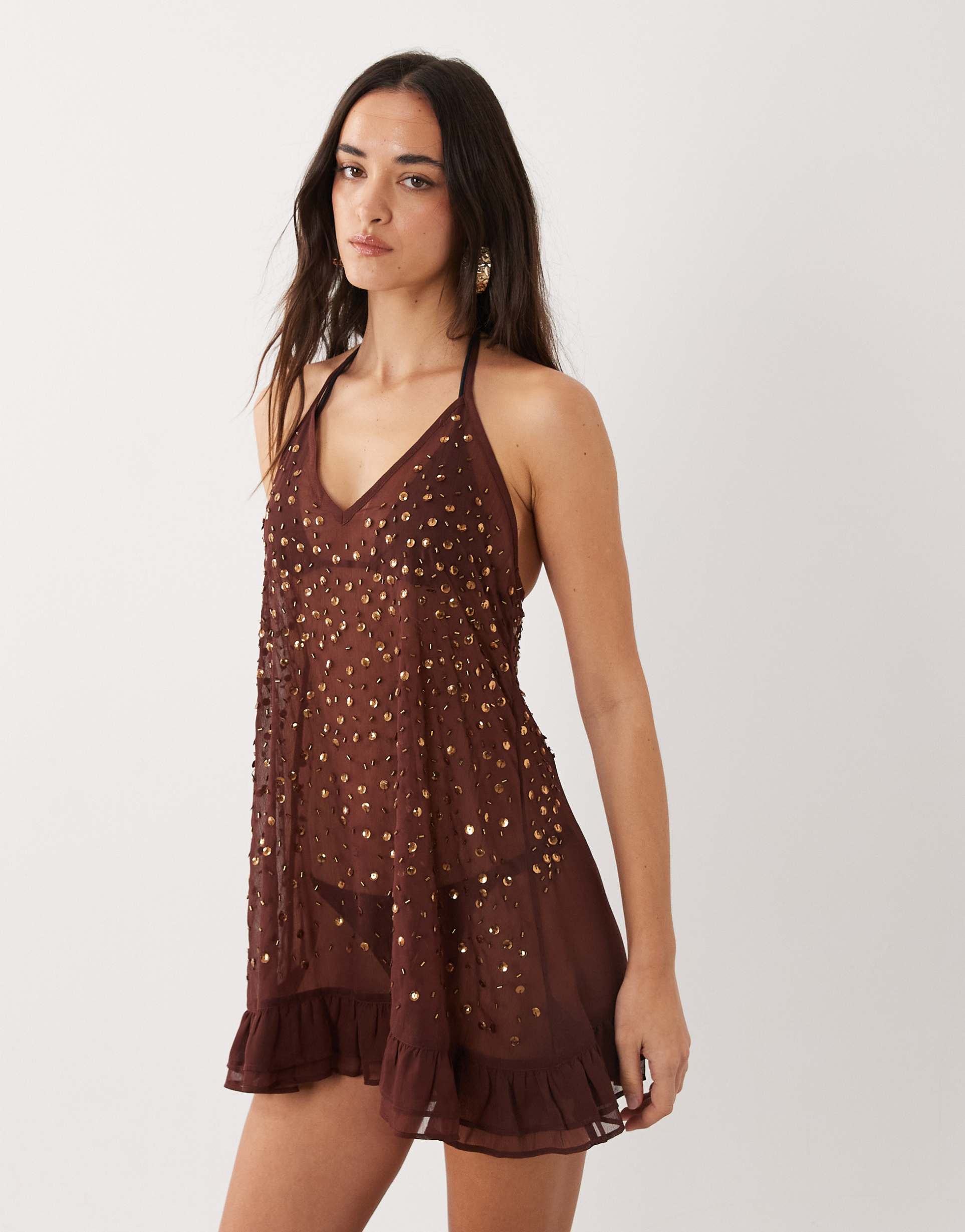 miss selfridge beach chiffon halterneck mini dress with embellishment in chocolate