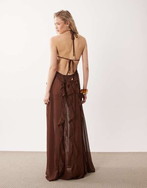 Miss Selfridge beach chiffon halterneck ring detail ruffle maxi cover up in chocolate, 2 of 4