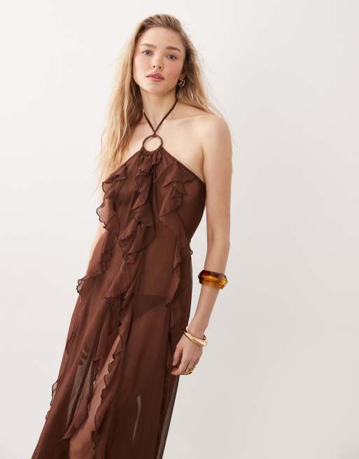 Miss Selfridge beach chiffon halterneck ring detail ruffle maxi cover up in chocolate, 3 of 4