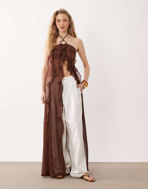 Miss Selfridge beach chiffon halterneck ring detail ruffle maxi cover up in chocolate, 4 of 4
