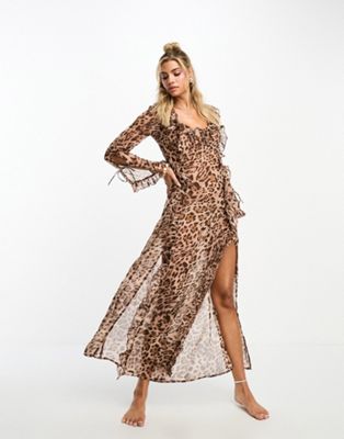 Miss Selfridge beach chiffon leopard long sleeve side split maxi dress