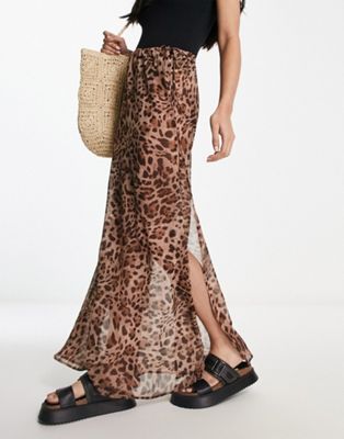 Miss Selfridge beach chiffon leopard tie side maxi skirt