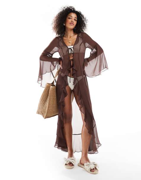Miss Selfridge beach chiffon maxi kimono cover-up in chocolate - view 1