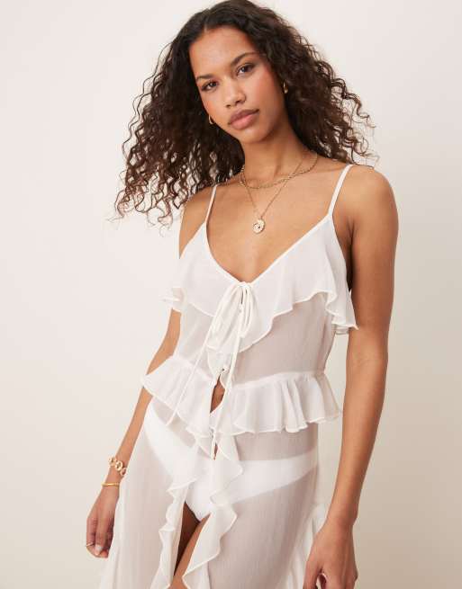 Miss Selfridge beach chiffon ruffle cami maxi cover up in cream