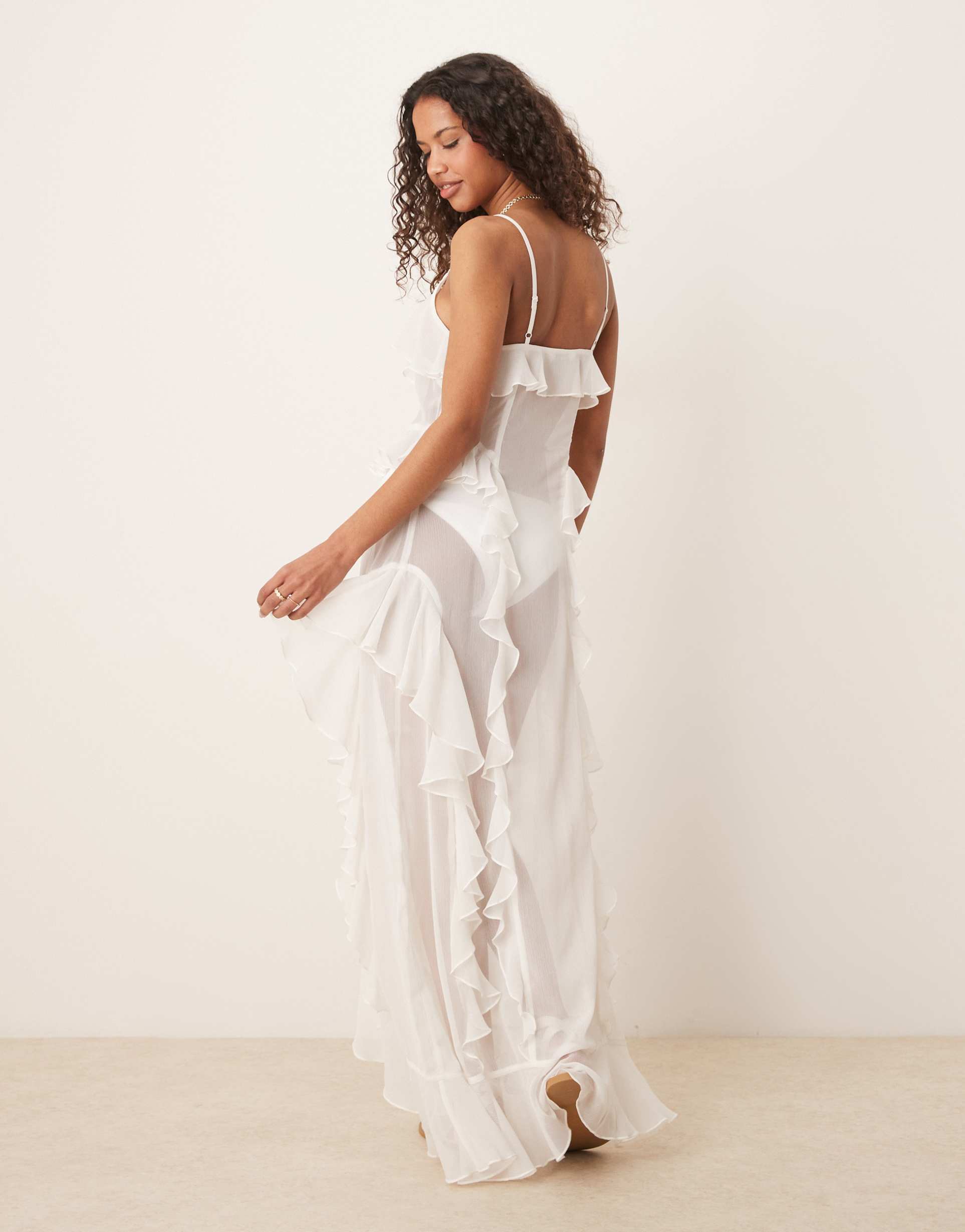 miss selfridge beach chiffon ruffle cami maxi cover up in cream