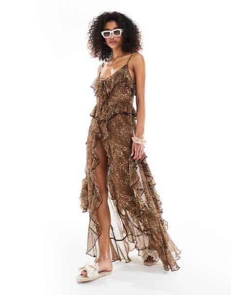 Miss Selfridge beach chiffon ruffle cami maxi cover-up in leopard print - view 2