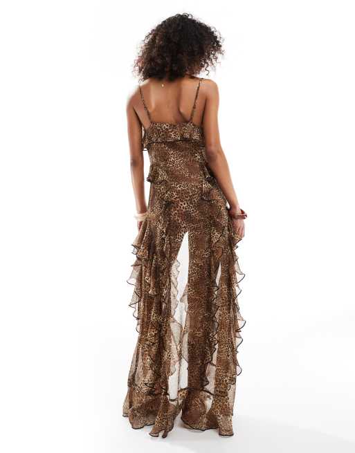 Miss Selfridge beach chiffon ruffle cami maxi cover-up in leopard print