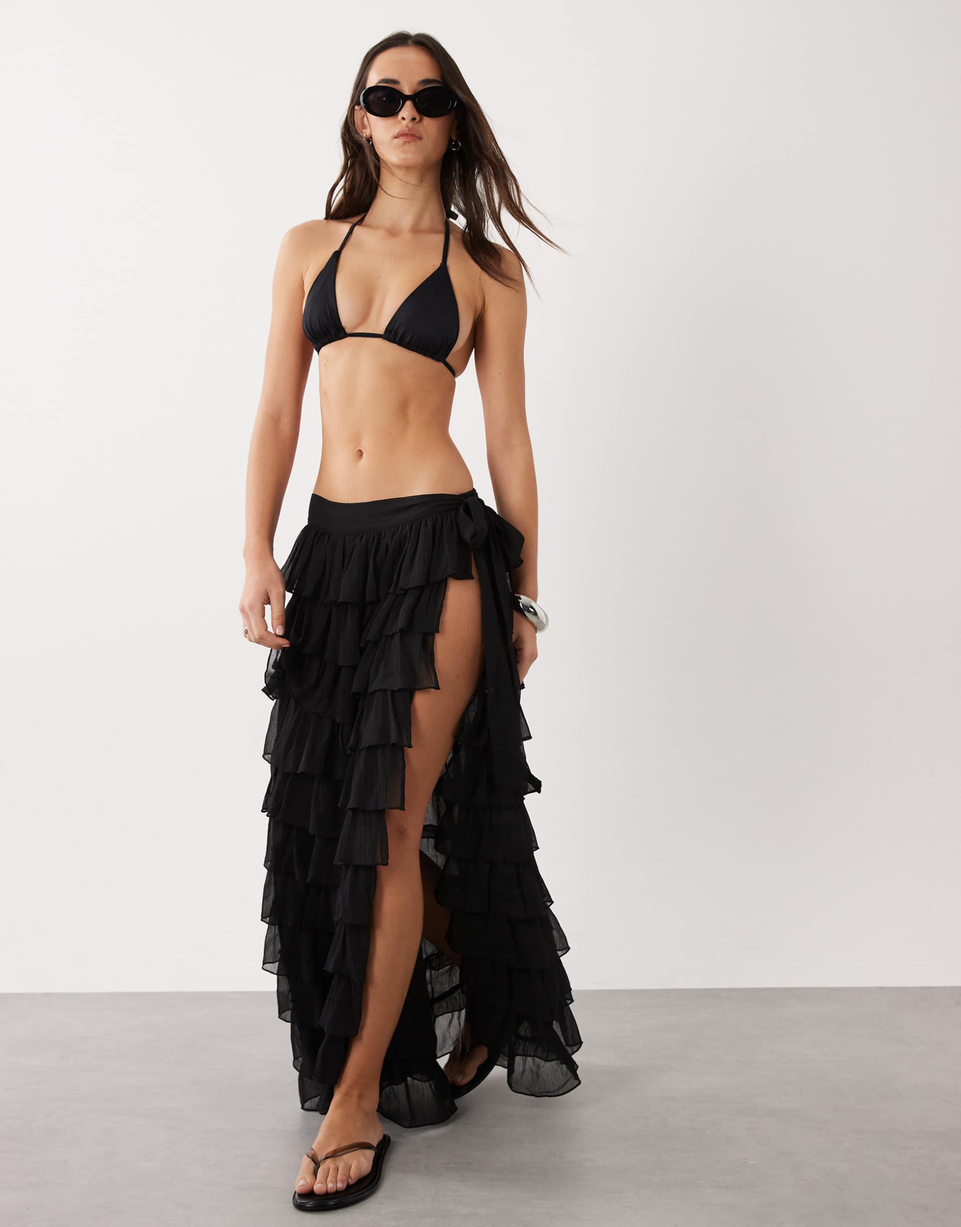 miss selfridge beach chiffon ruffle tie side maxi skirt in black