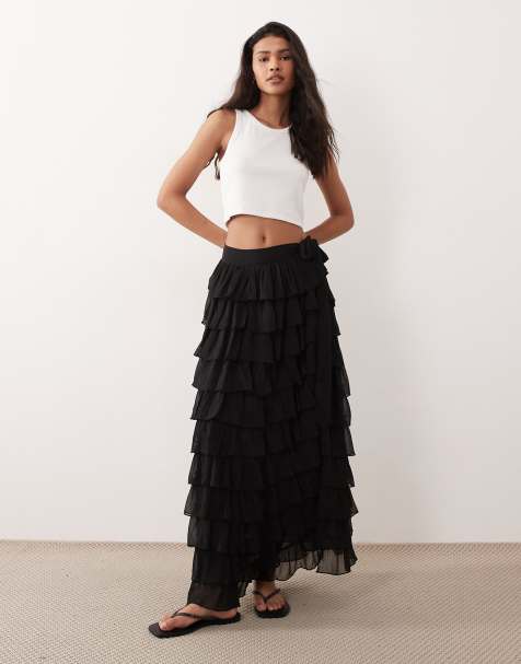 Miss Selfridge beach chiffon ruffle tie side maxi skirt in black