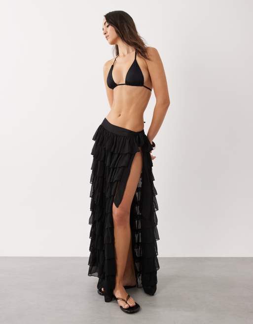 Miss Selfridge beach chiffon ruffle tie side maxi skirt in black, 4 of 5