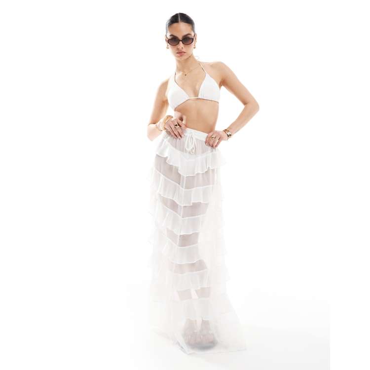 Miss Selfridge beach chiffon ruffle tiered maxi skirt in cream | ASOS
