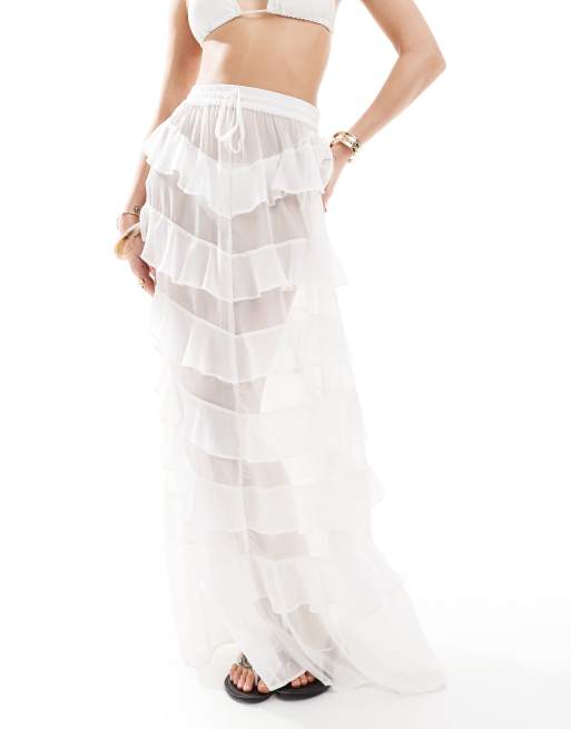 Miss Selfridge beach chiffon ruffle tiered maxi skirt in cream
