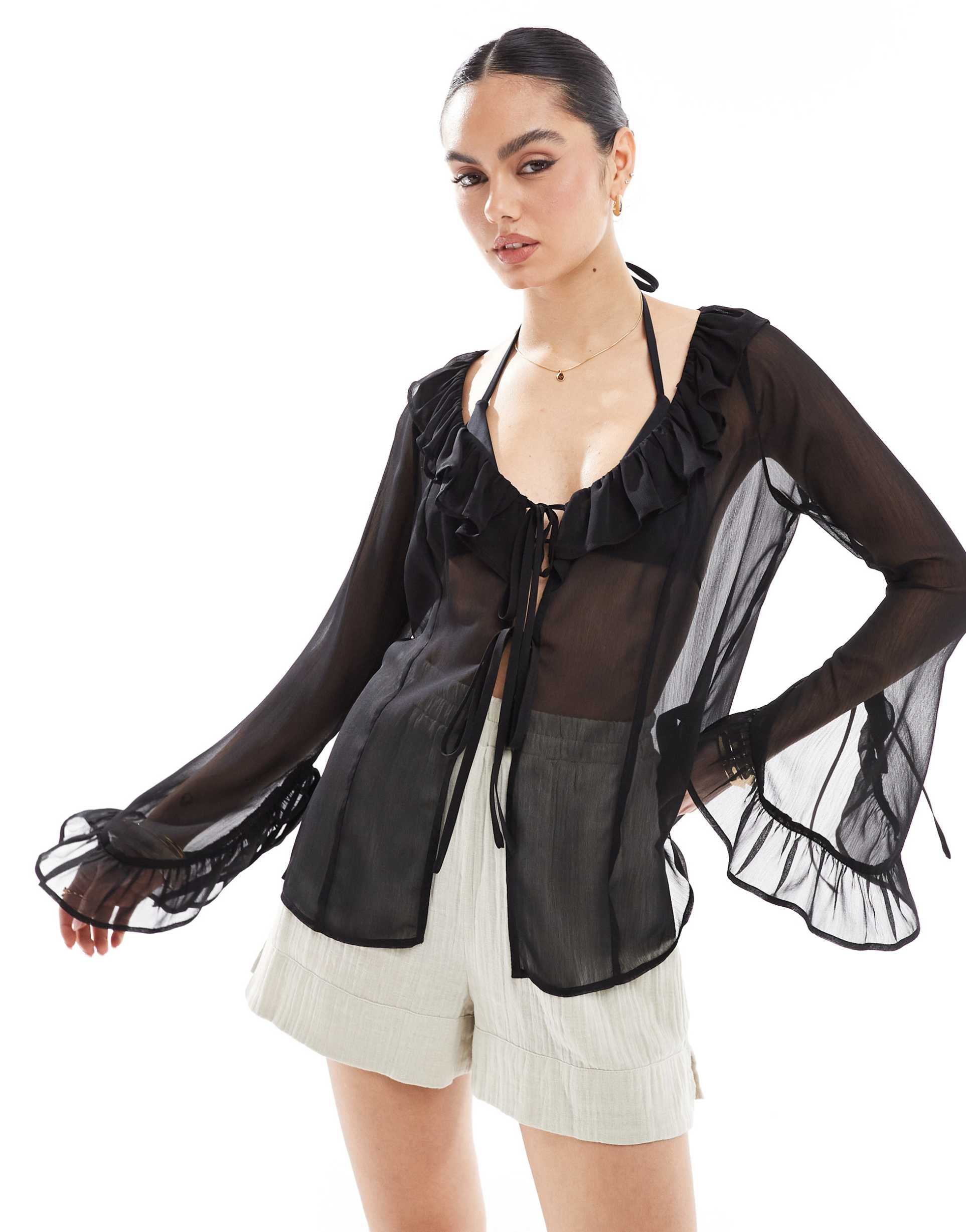 miss selfridge beach chiffon tie front cover up in black