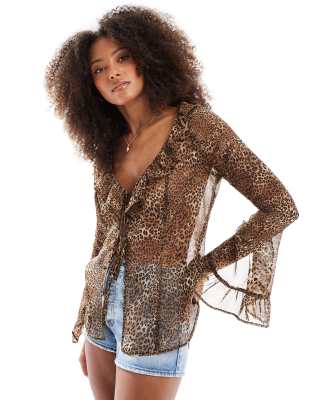 Miss Selfridge Miss Selfridge beach chiffon tie front cover up in leopard print-Multi