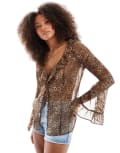 [Miss Selfridge] Miss Selfridge beach chiffon tie front cover up in leopard print-Multi 14 ANIMAL