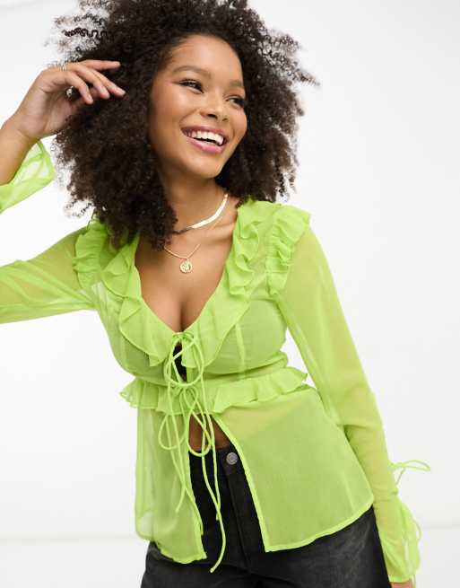 Miss Selfridge beach chiffon tie front long sleeve blouse in washed neon  lime