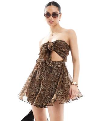 Miss Selfridge Miss Selfridge beach chiffon tie front playsuit in leopard print-Multi