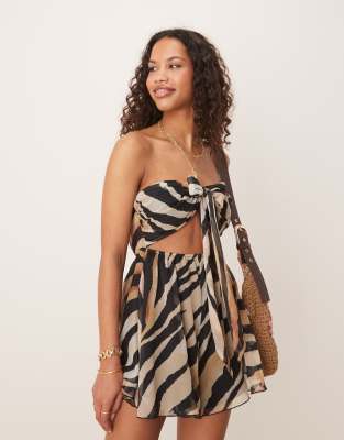 Miss Selfridge Beach Chiffon Tie Front Romper In Multi