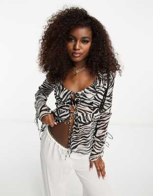 Miss Selfridge Beach Chiffon Zebra Tie Front Long Sleeve Cover Up-multi