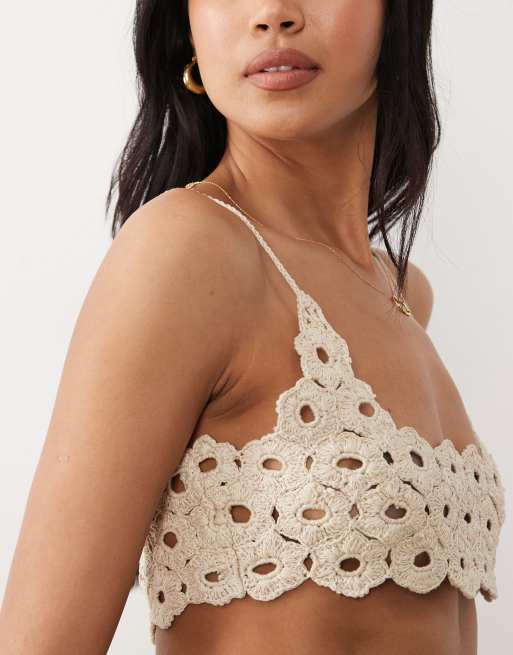 Miss Selfridge beach crochet bra top in natural, 3 of 4