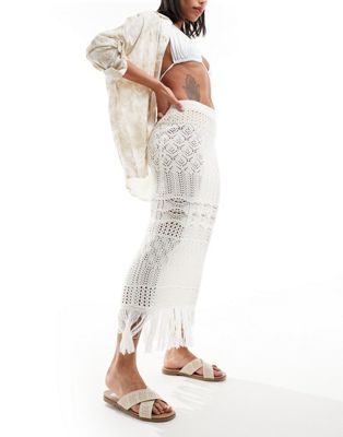 Miss Selfridge beach crochet fringe detail maxi skirt in cream