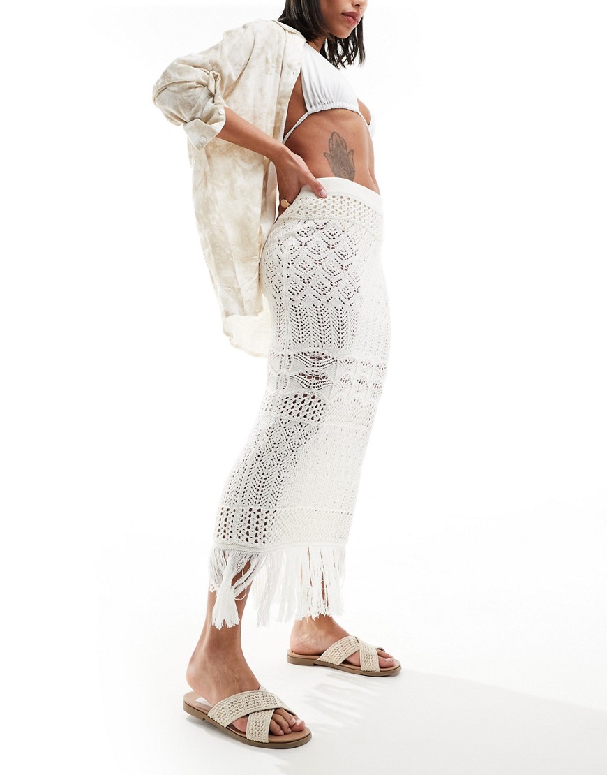 Miss Selfridge beach crochet fringe detail maxi skirt in cream-White