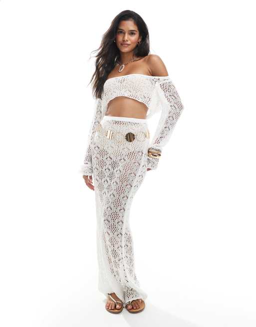 Miss Selfridge beach crochet long sleeve super crop top in cream, 2 of 4