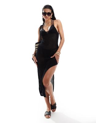 Miss Selfridge Miss Selfridge beach crochet tie back detail maxi dress in black