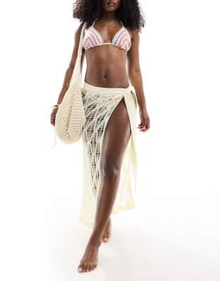 beach crochet tie side maxi sarong in cream-White