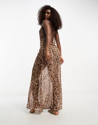 Miss Selfridge beach cross back cowl neck maxi dress in leopard print