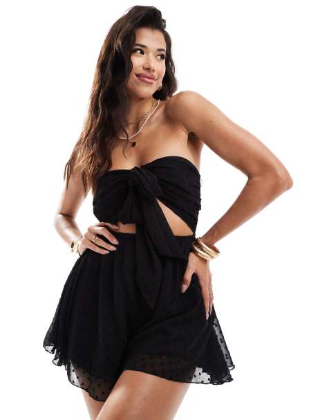 Miss Selfridge beach dobby chiffon tie front playsuit in black - view 1