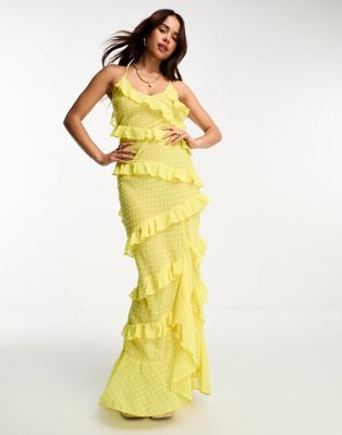 Miss Selfridge beach doby chiffon bias ruffle side split maxi dress in yellow