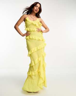 Miss Selfridge beach doby chiffon bias ruffle side split maxi dress in yellow