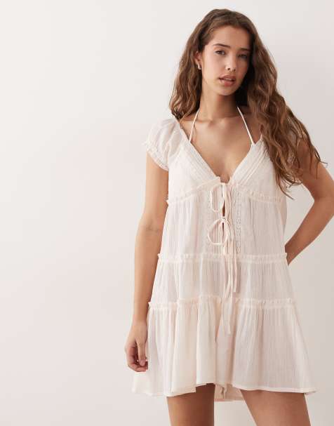Miss Selfridge beach embroidered tie front playsuit in natural - view 1
