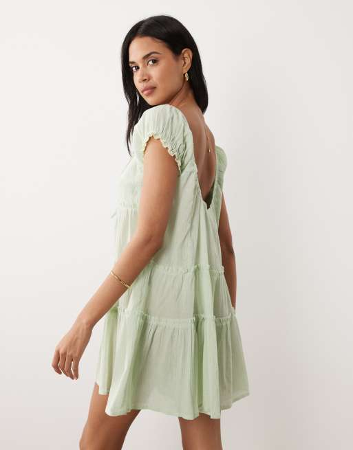 Miss Selfridge beach embroidered tie front playsuit in sage, 4 of 4