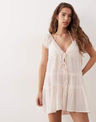 Miss Selfridge Beach Embroidered Tie Front Romper In Neutral