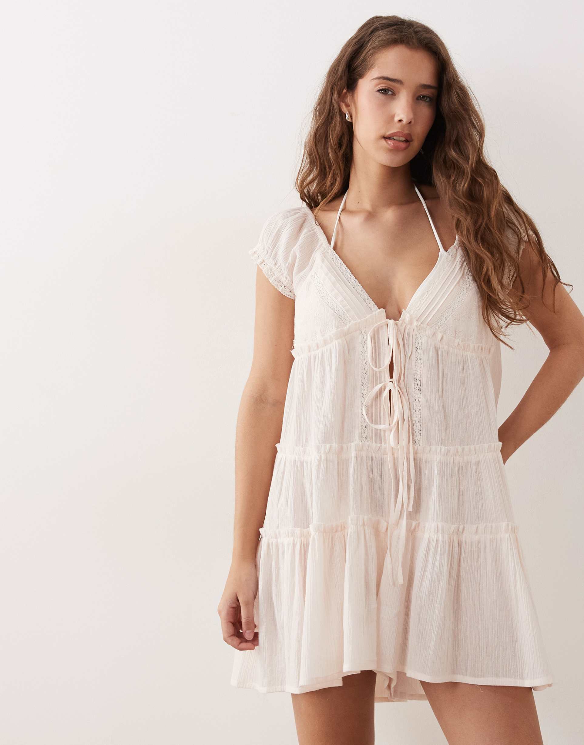 miss selfridge beach embroidered tie front romper in natural