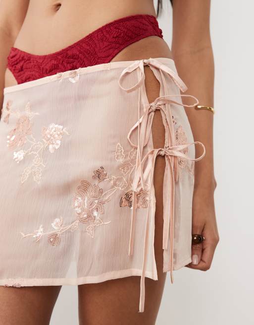 Miss Selfridge beach floral sequin mini tie side sarong in rose gold, 5 of 5