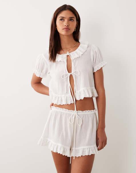 Miss Selfridge beach frill hem detail shorts in white (part of a set) - view 1