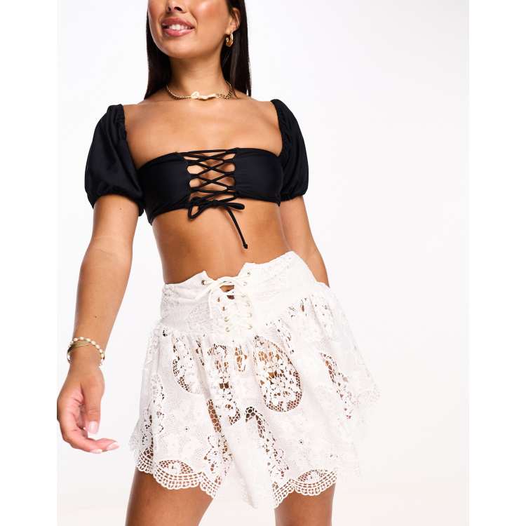 ASOS LUXE pussy bow puff sleeve lace top in white