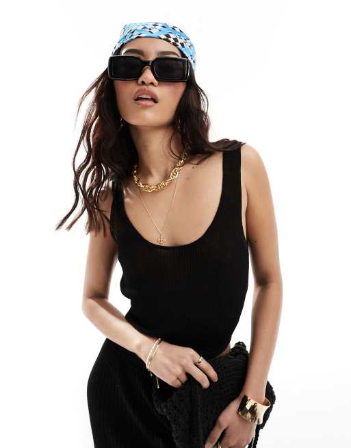 Miss Selfridge Beach knit rib tie back open vest top in black, 1 of 4