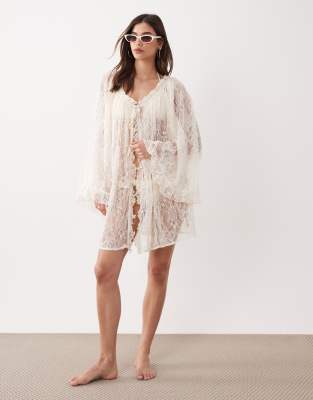 Miss Selfridge beach lace boho wide sleeve cover up in natural