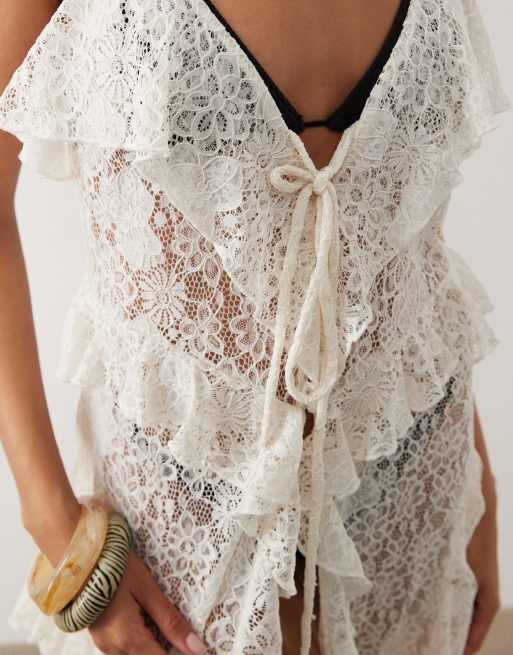 Miss Selfridge beach lace cami tie detail maxi in natural, 3 of 4
