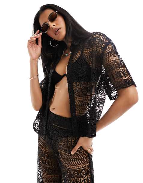 Miss Selfridge beach lace crop shirt in black - view 1