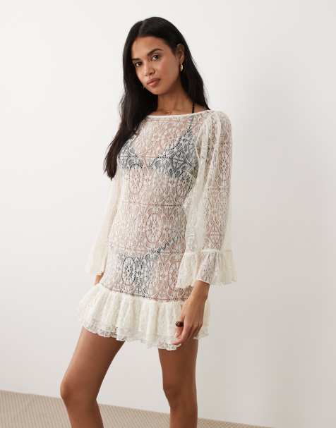Miss Selfridge beach lace puff sleeve ruffle mini dress cover up in cream - view 1