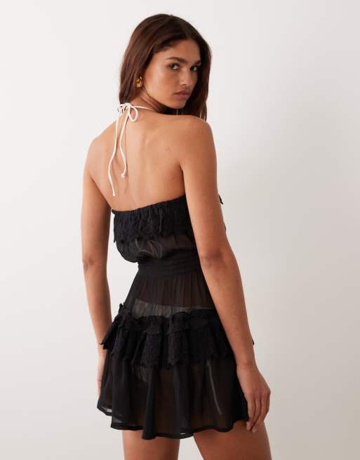 Miss Selfridge beach lace shirred bandeau mini dress in black, 2 of 4