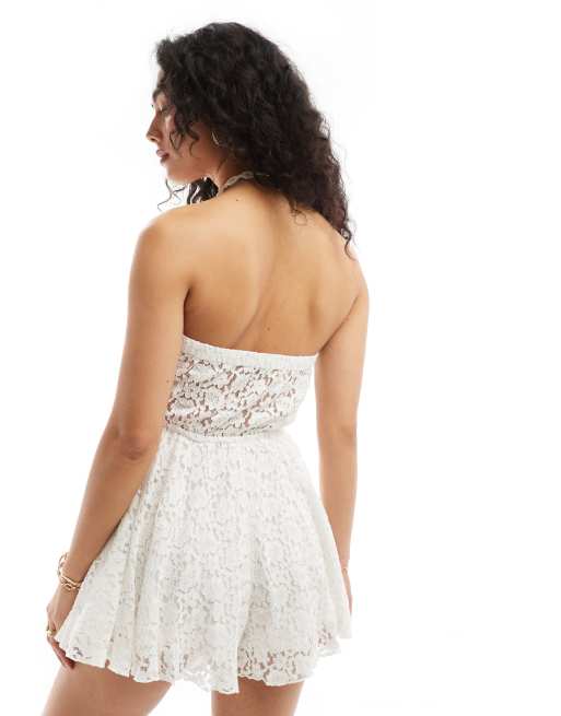 Miss Selfridge beach lace tie front playsuit in cream, 4 of 4