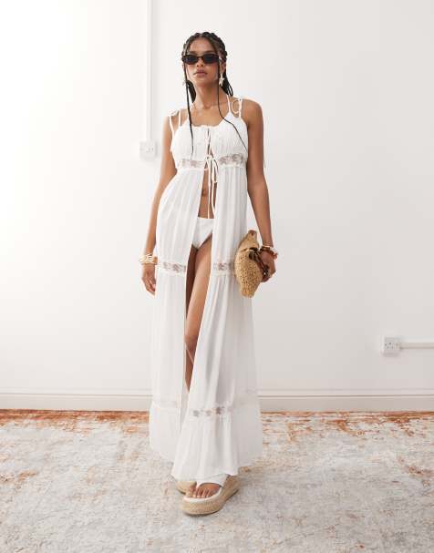 Miss Selfridge beach lace trim tie front maxi cover up in cream - view 1